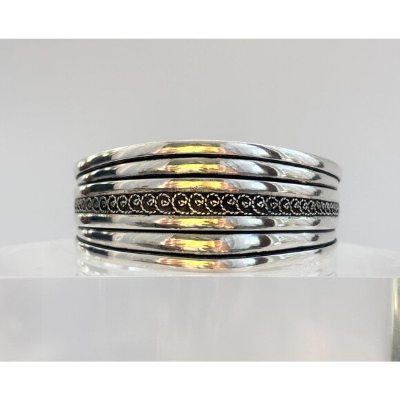 Indonesian Ribbed Inspired Vintage Silver Toned Rope Accented Cuff | Bangle - Picture 1 of 10